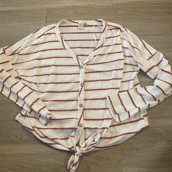 Paper Crane waffle Knit red/white striped bottom tie long sleeve shirt - Picture 1 of 6